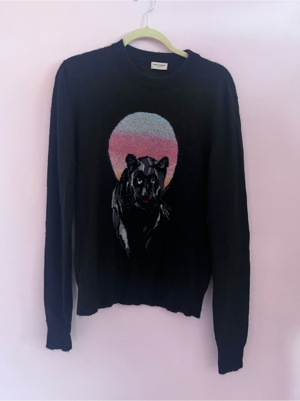 Saint Laurent Black Crewneck Sweater with Panther and Sunset Motif YSL Yves